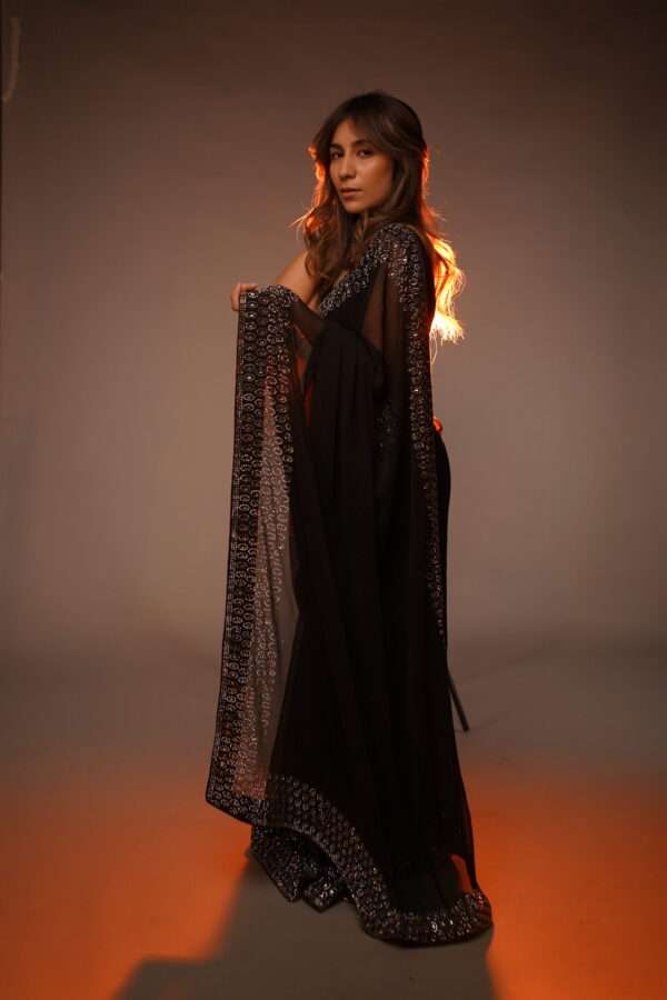 Black Double Border Silver Stones & Crystals Saree SSRB-0003