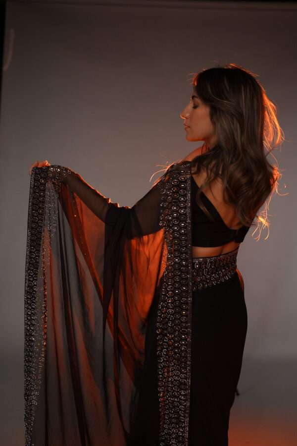 Black Double Border Silver Stones & Crystals Saree SSRB-0003