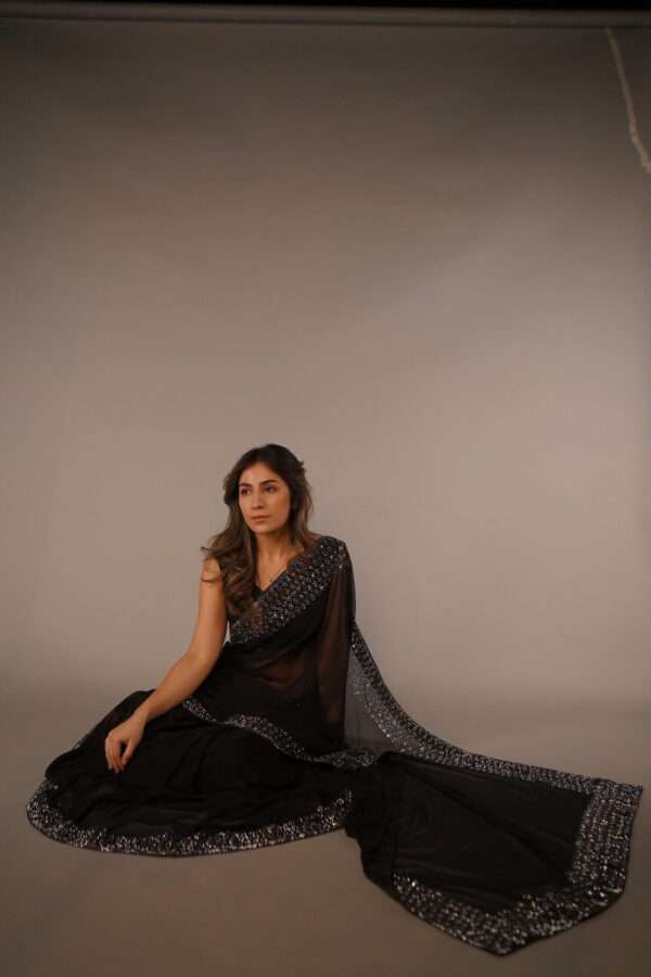 Black Double Border Silver Stones & Crystals Saree SSRB-0003