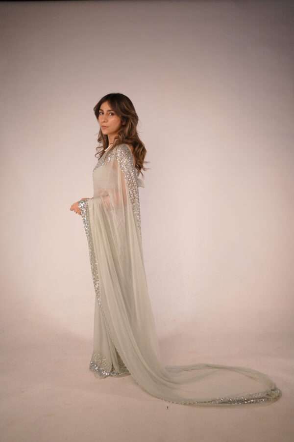 Pastel Green Silver Cutdana & Sequins Double Border Saree SSDB-0004
