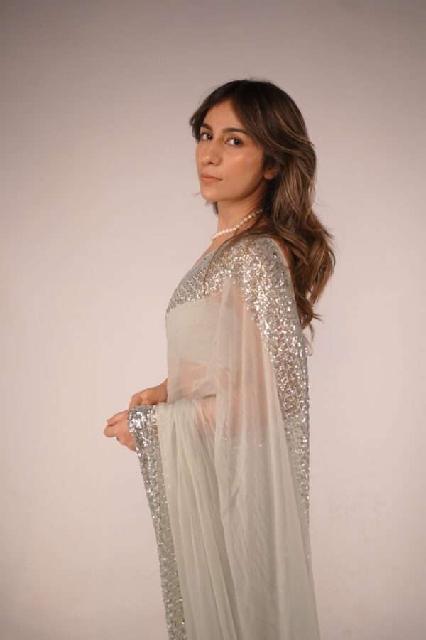 Pastel Green Silver Cutdana & Sequins Double Border Saree SSDB-0004