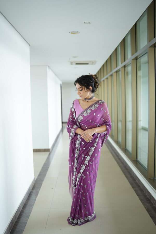 Sky Magenta Sequins & Beads Embellished Saree -0003