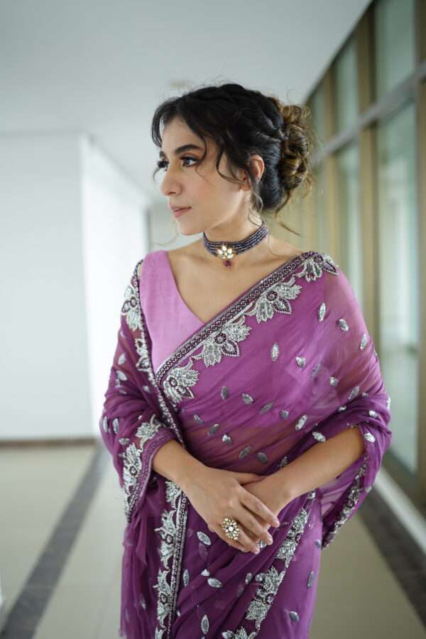 Sky Magenta Sequins & Beads Embellished Saree -0003