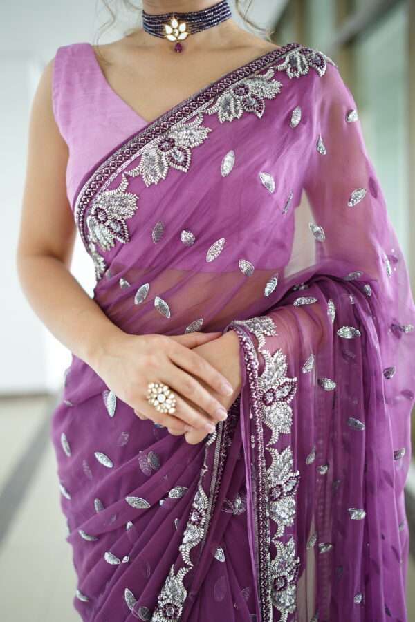 Sky Magenta Sequins & Beads Embellished Saree -0003