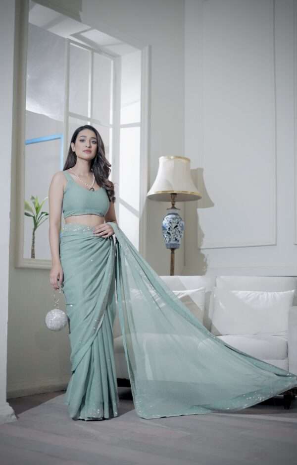 Pastel Green Rhinestones Saree SSRS-0007