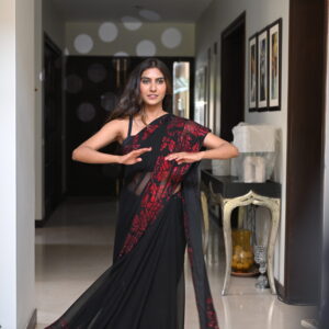 Black Red Glass Stones Floral Borders Saree
