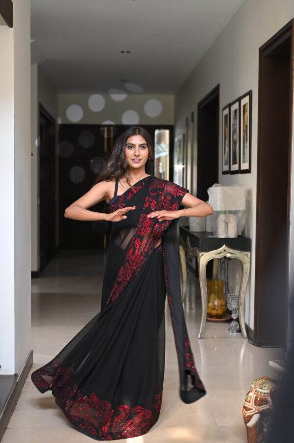 Black Red Glass Stones Floral Borders Saree