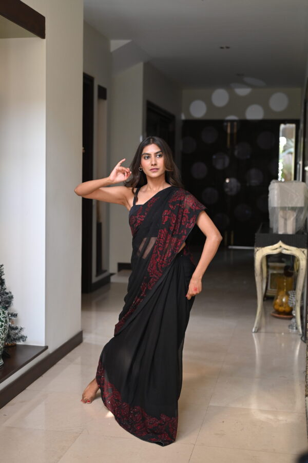 Black Red Glass Stones Floral Borders Saree
