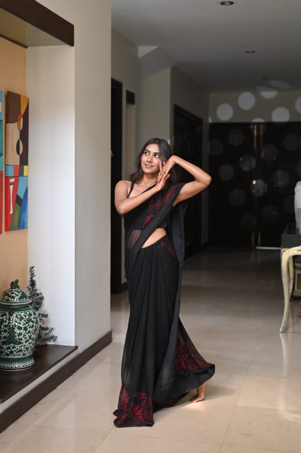 Black Red Glass Stones Floral Borders Saree