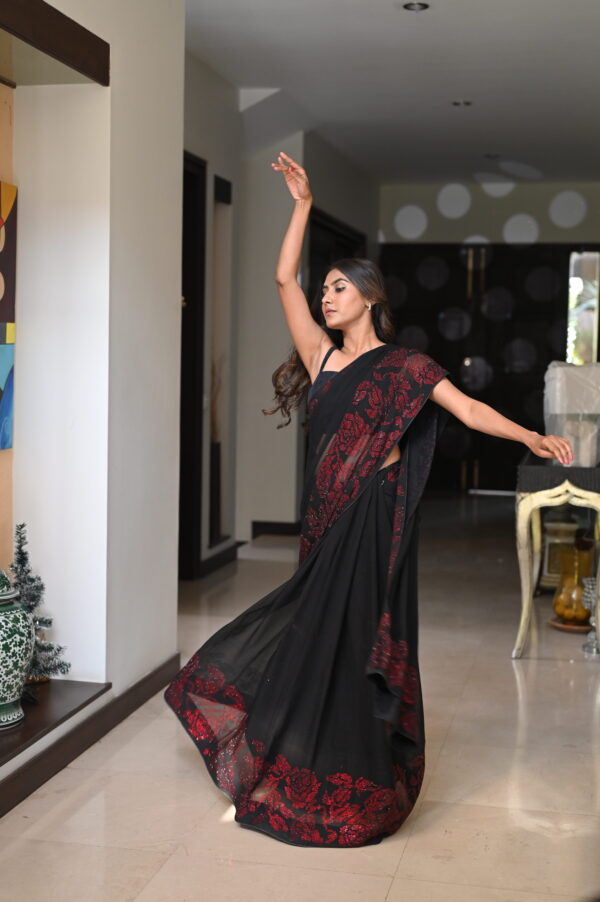 Black Red Glass Stones Floral Borders Saree