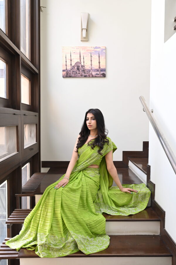 Parrot Green Self Chiffon Rhinestones Borders Saree SSRS - 0012