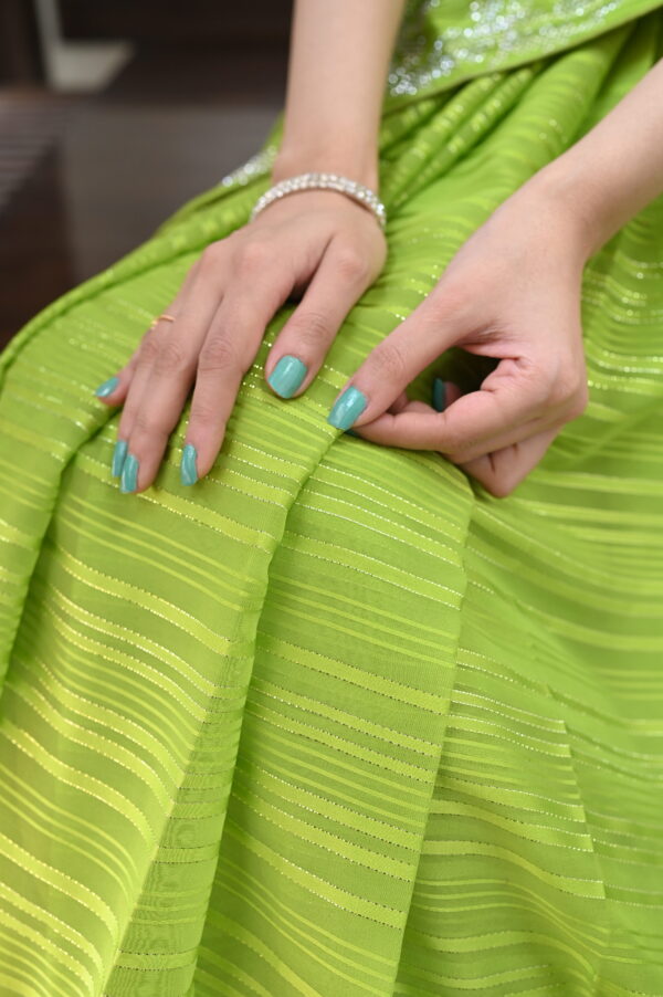 Parrot Green Self Chiffon Rhinestones Borders Saree SSRS - 0012