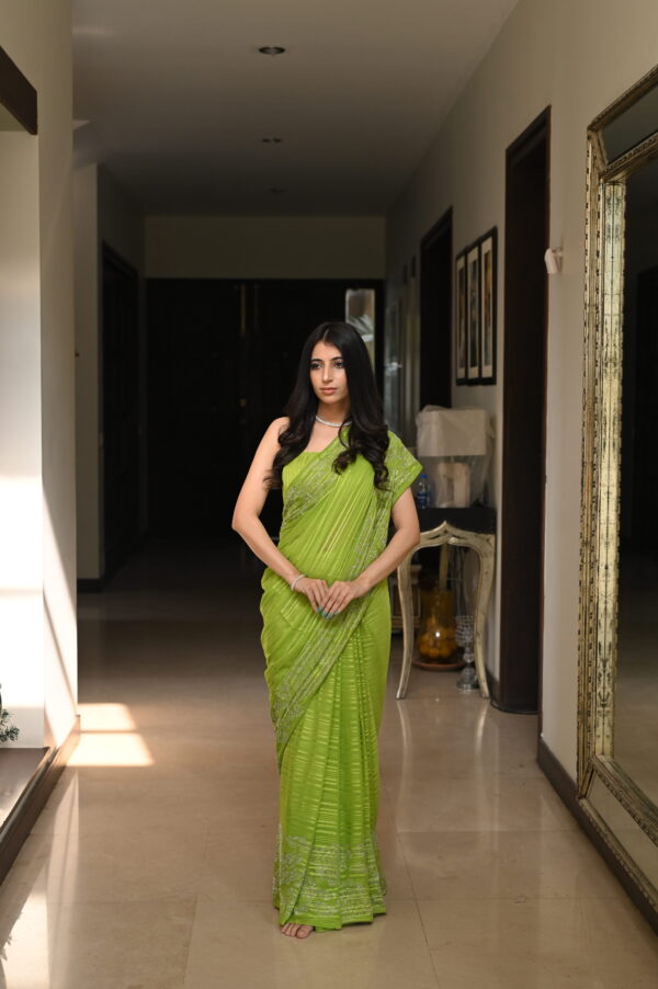 Parrot Green Self Chiffon Rhinestones Borders Saree SSRS - 0012