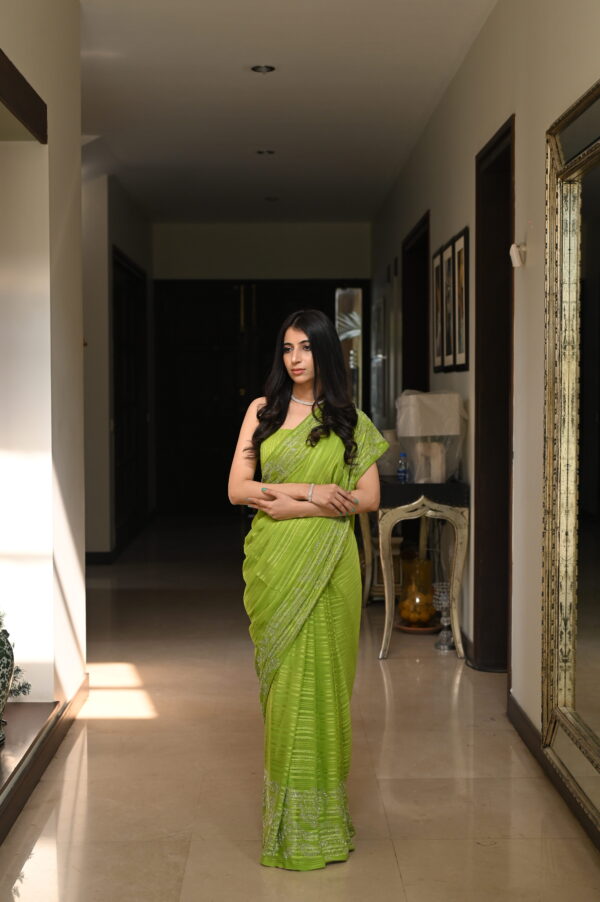 Parrot Green Self Chiffon Rhinestones Borders Saree SSRS - 0012