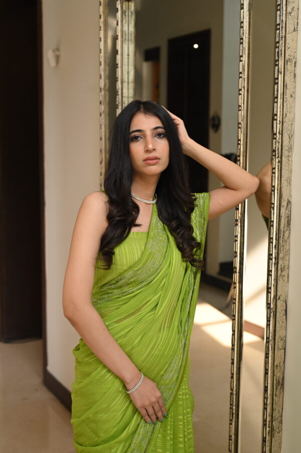 Parrot Green Self Chiffon Rhinestones Borders Saree SSRS - 0012
