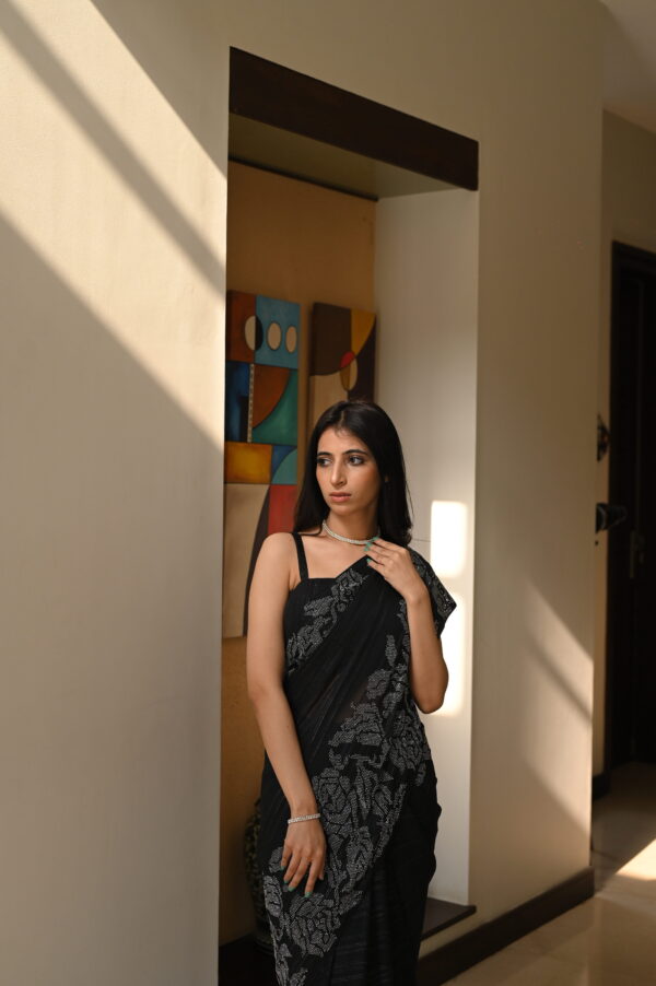 Black Self Chiffon Rhinestones Borders Saree SSRS - 0010