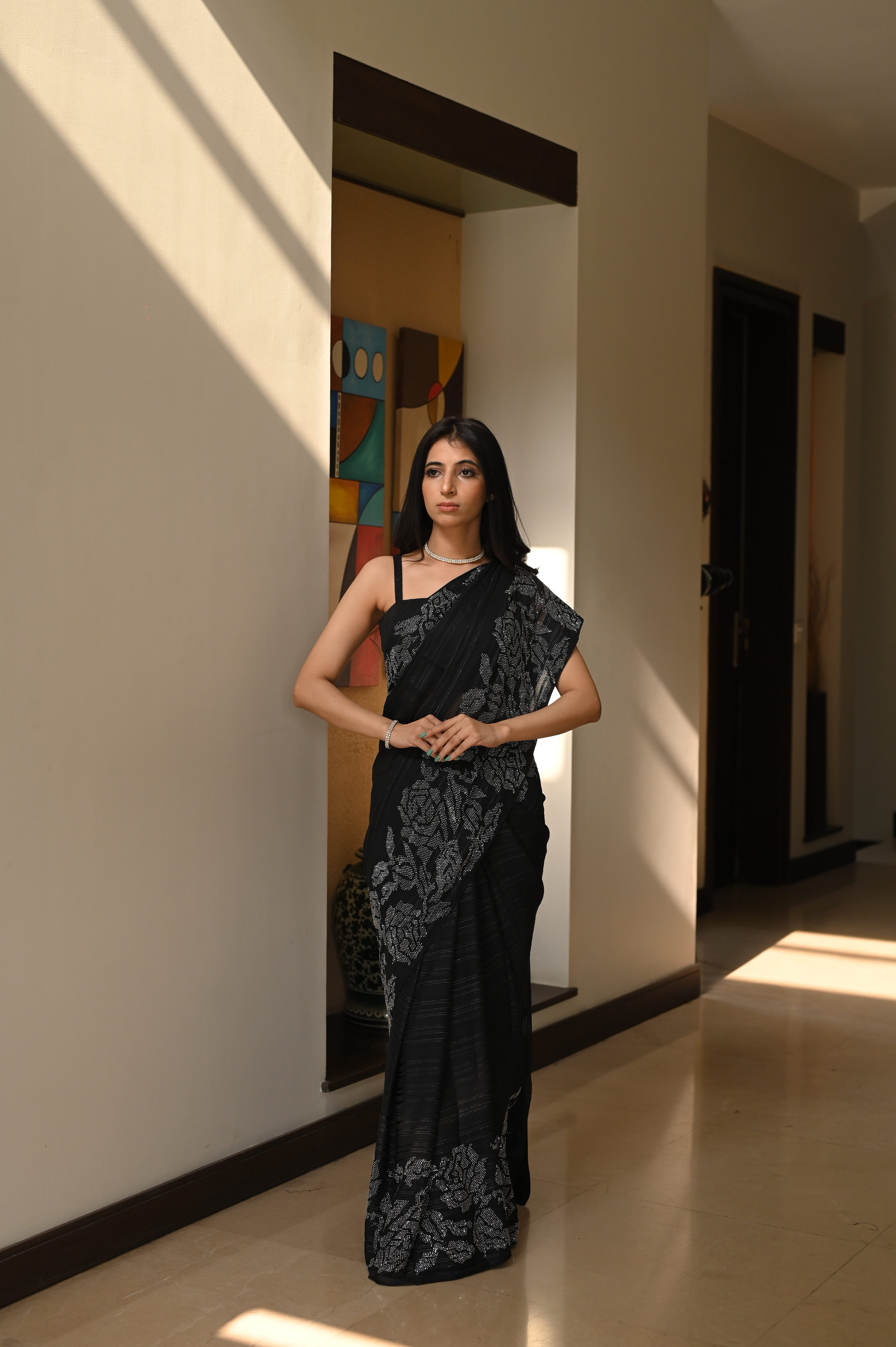 Black Self Chiffon Rhinestones Borders Saree SSRS - 0010