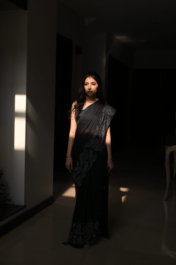 Black Self Chiffon Rhinestones Borders Saree SSRS - 0010