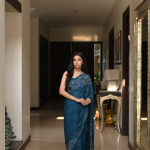 Teal Blue Self Chiffon Rhinestones Borders Saree SSRS - 0009