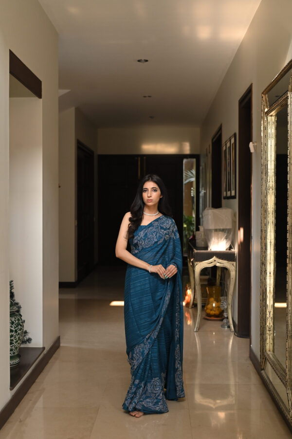 Teal Blue Self Chiffon Rhinestones Borders Saree SSRS - 0009