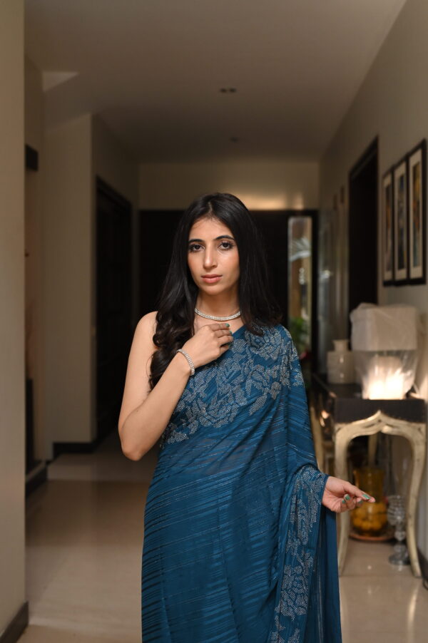 Teal Blue Self Chiffon Rhinestones Borders Saree SSRS - 0009