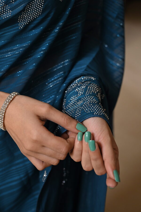 Teal Blue Self Chiffon Rhinestones Borders Saree SSRS - 0009