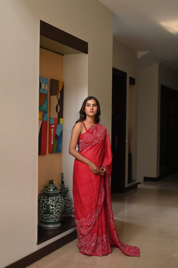 Red Self Chiffon Rhinestones Borders Saree SSRS - 0011