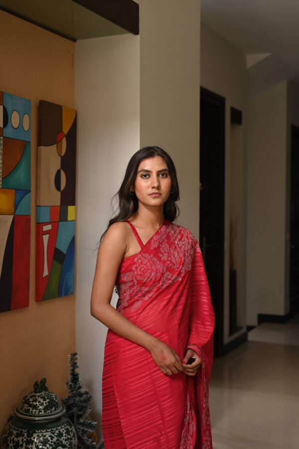 Red Self Chiffon Rhinestones Borders Saree SSRS - 0011