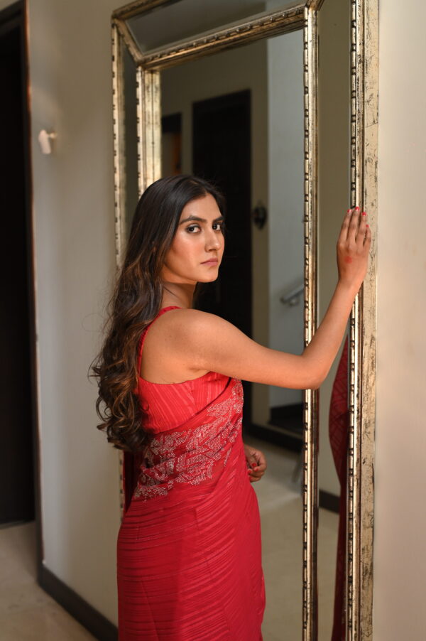 Red Self Chiffon Rhinestones Borders Saree SSRS - 0011