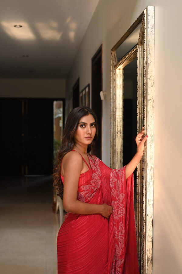 Red Self Chiffon Rhinestones Borders Saree SSRS - 0011