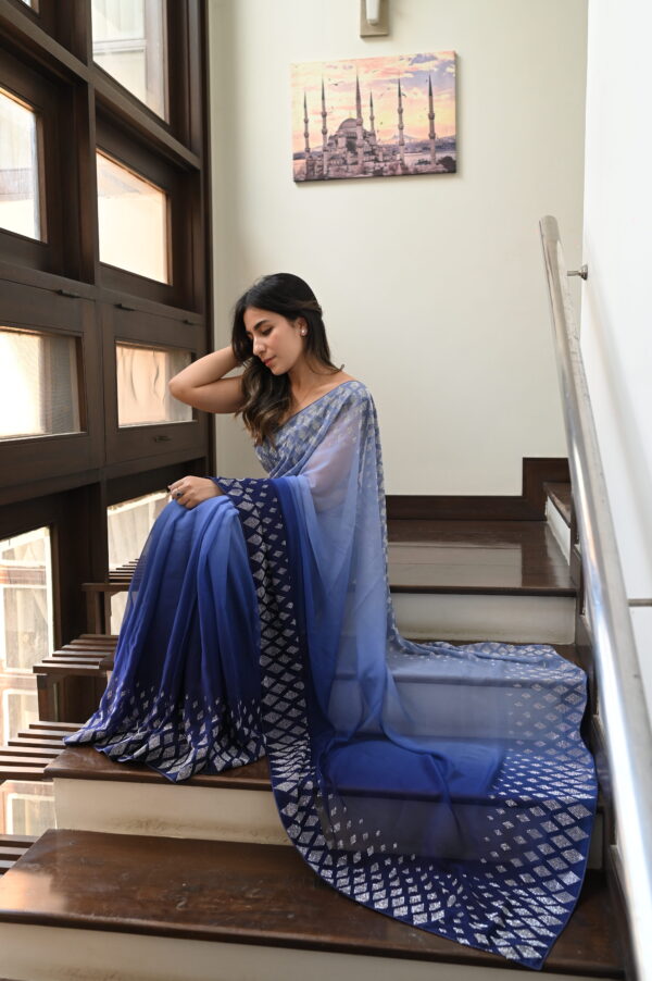 Blue Tie & Dye Diamantes Borders Saree