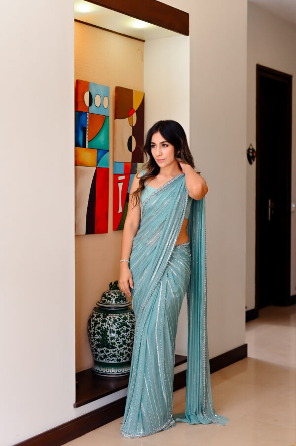 Turquoise Saree Embellished with Sequins, Cutdana & Beads SSHC-00011