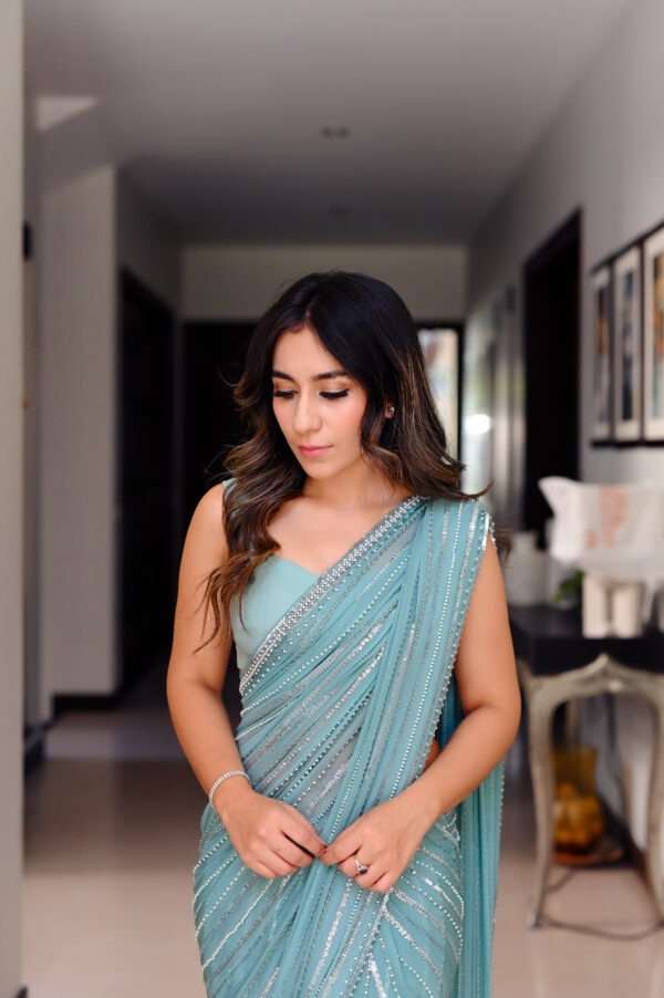 Turquoise Saree Embellished with Sequins, Cutdana & Beads SSHC-00011