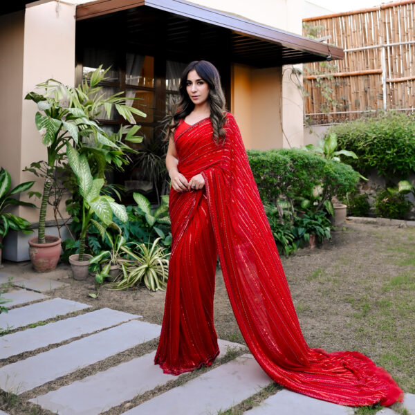 Red Saree Embellished with Sequins, Cutdana & Beads SSHC-0005