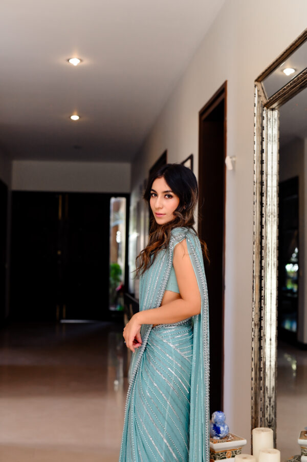 Turquoise Saree Embellished with Sequins, Cutdana & Beads SSHC-00011