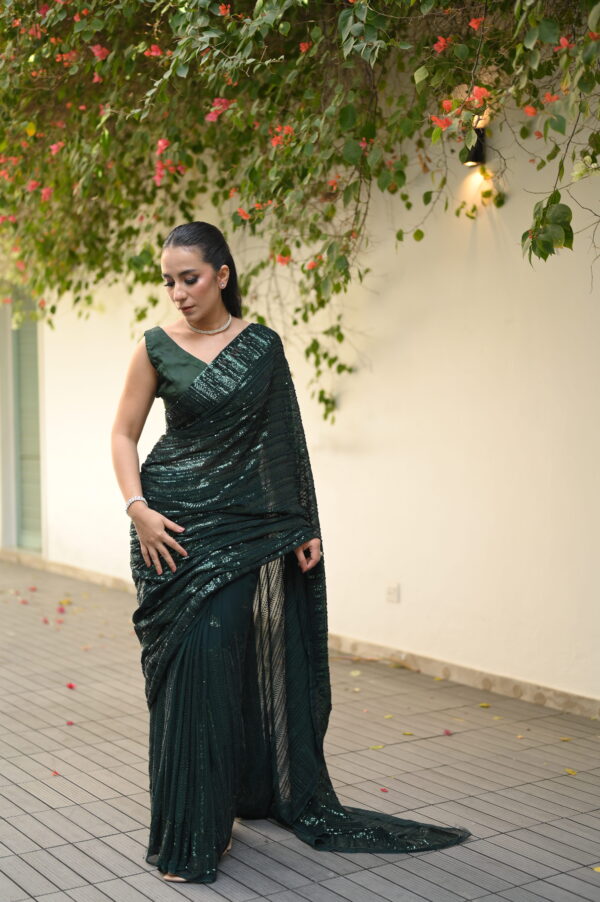Bottle Green Sequins Saree SS-0019
