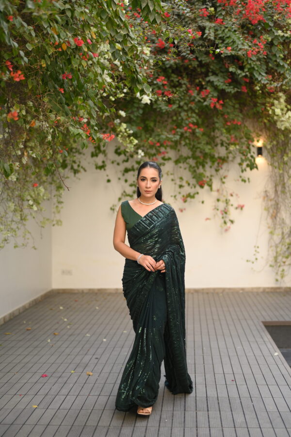 Bottle Green Sequins Saree SS-0019