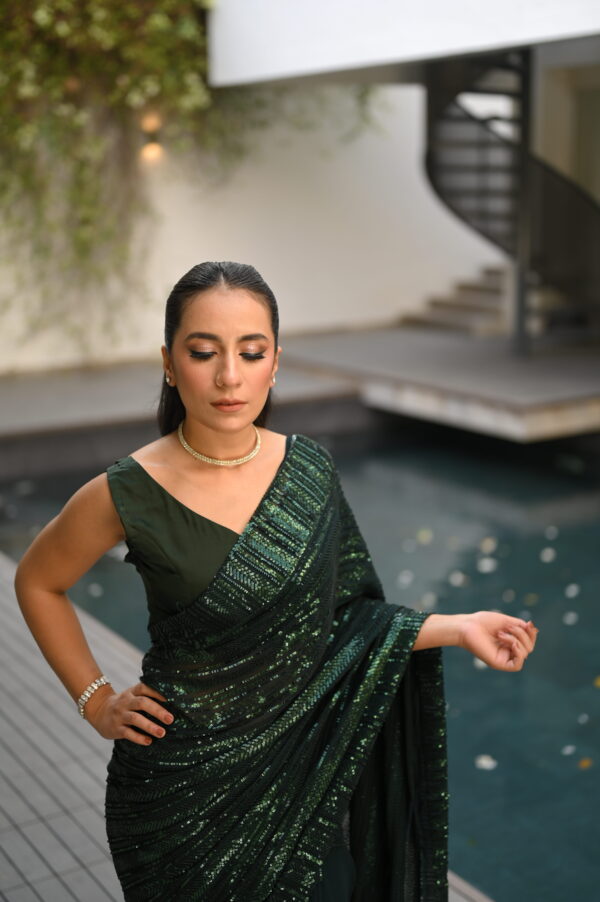 Bottle Green Sequins Saree SS-0019