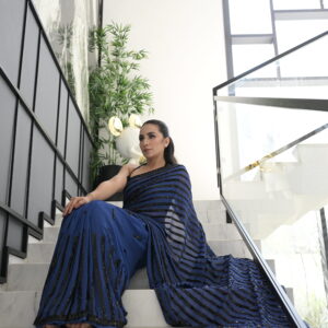 Blue Black Striped Sequins Saree SS-0024