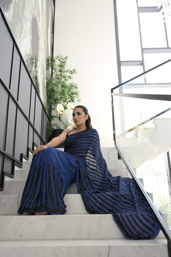 Blue Black Striped Sequins Saree SS-0024