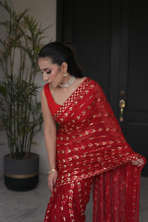 Red Saree Embellished with Sequins SS-0020