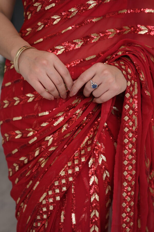 Red Saree Embellished with Sequins SS-0020