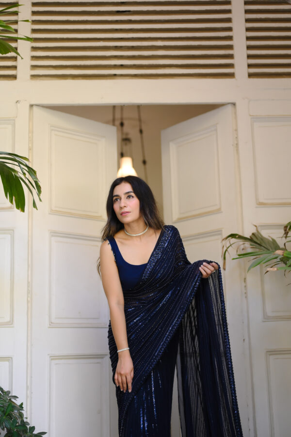 Navy Blue Saree Embellished with Sequins, Cutdana & Beads SSHC-00016