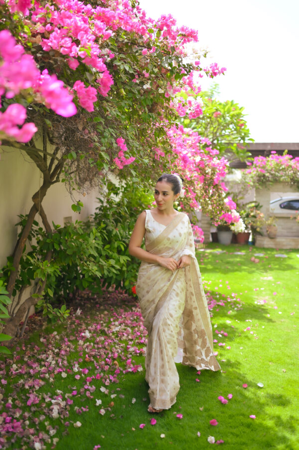 White golden Chiffon Banarsi Saree Double Zari SSB-0012