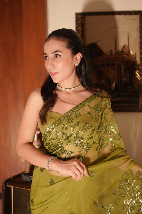 Pear Green Double Border Sequins Saree SSDB-0009