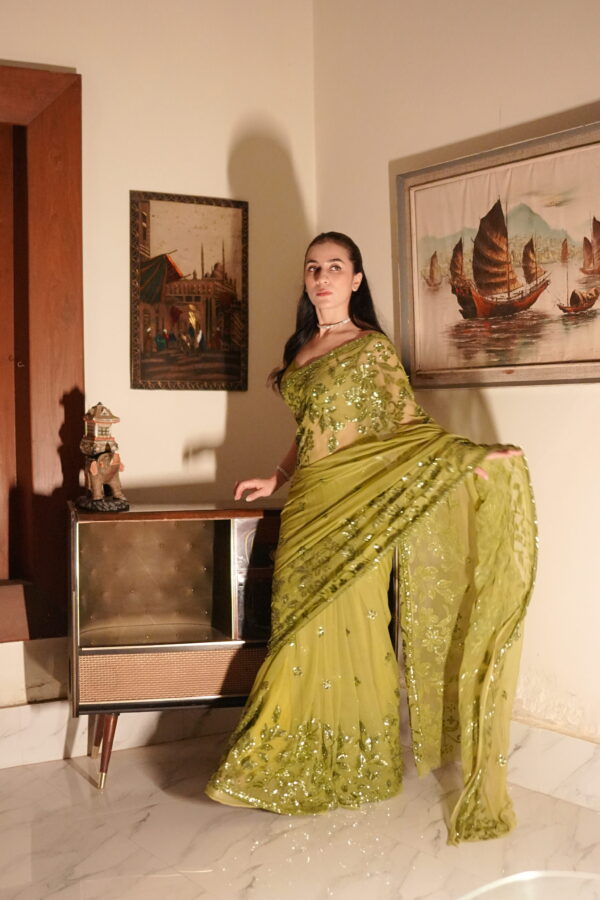 Pear Green Double Border Sequins Saree SSDB-0009