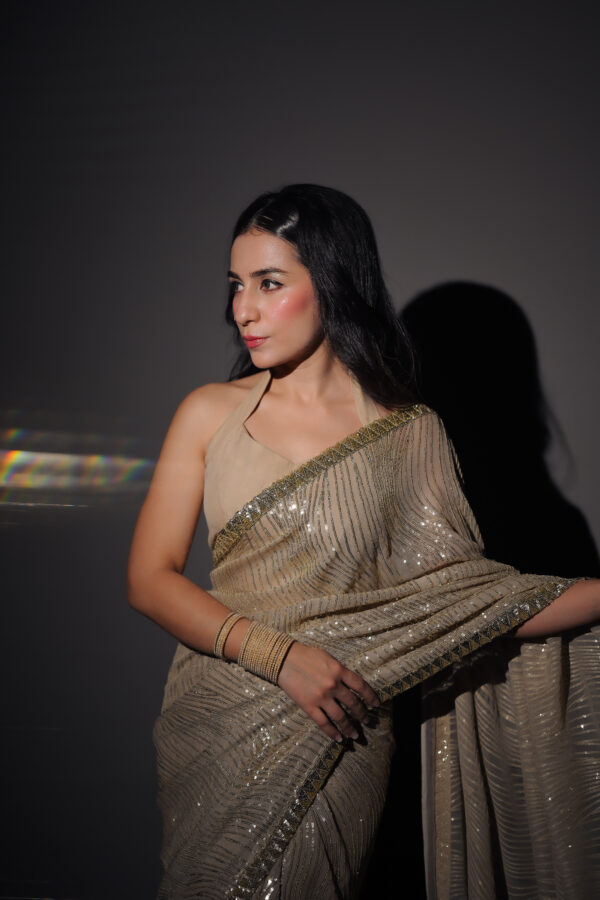 Beige Golden Sequins Saree SS-0028