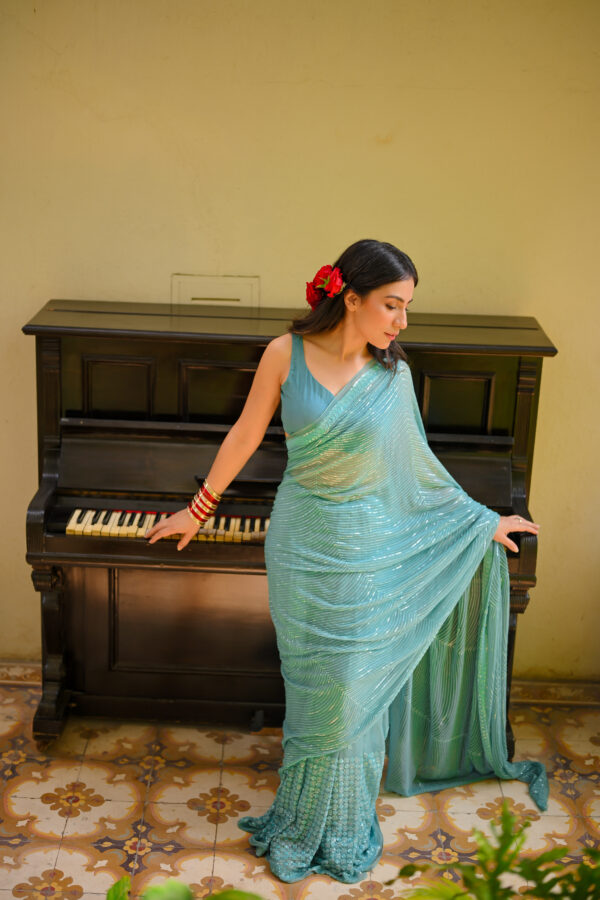 Turquoise Sequins Saree SS-0033