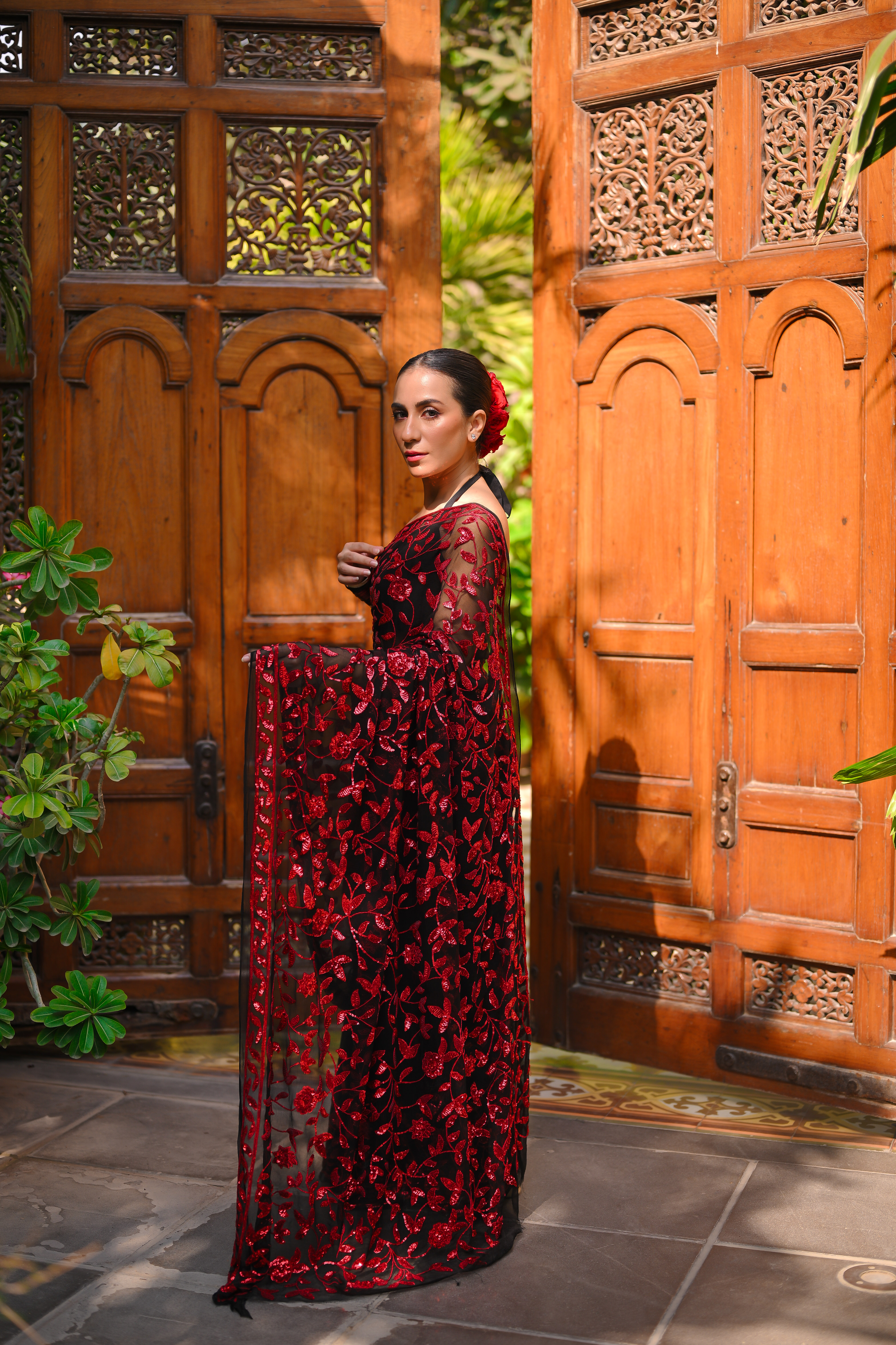 Black Red Sequins Saree SS-0031