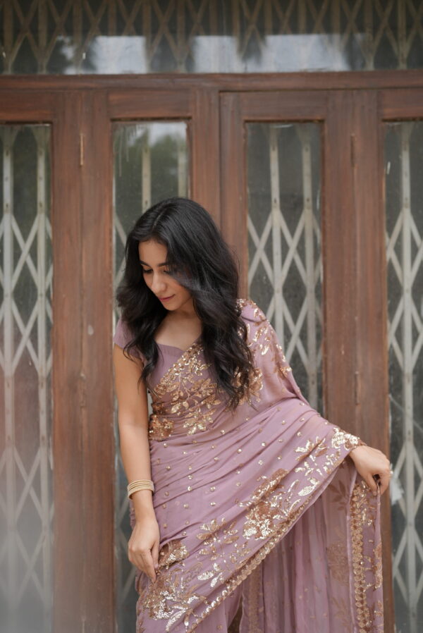 Tea Pink Double Border Sequins Saree SSDB-0013